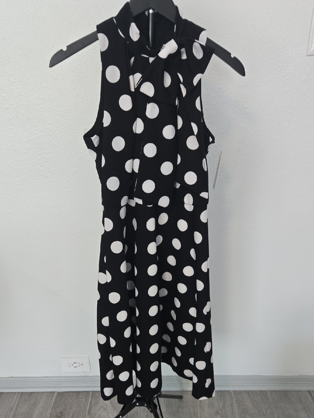 Sleeveless Black & White Polka Dot Midi Dress with Neck Tie